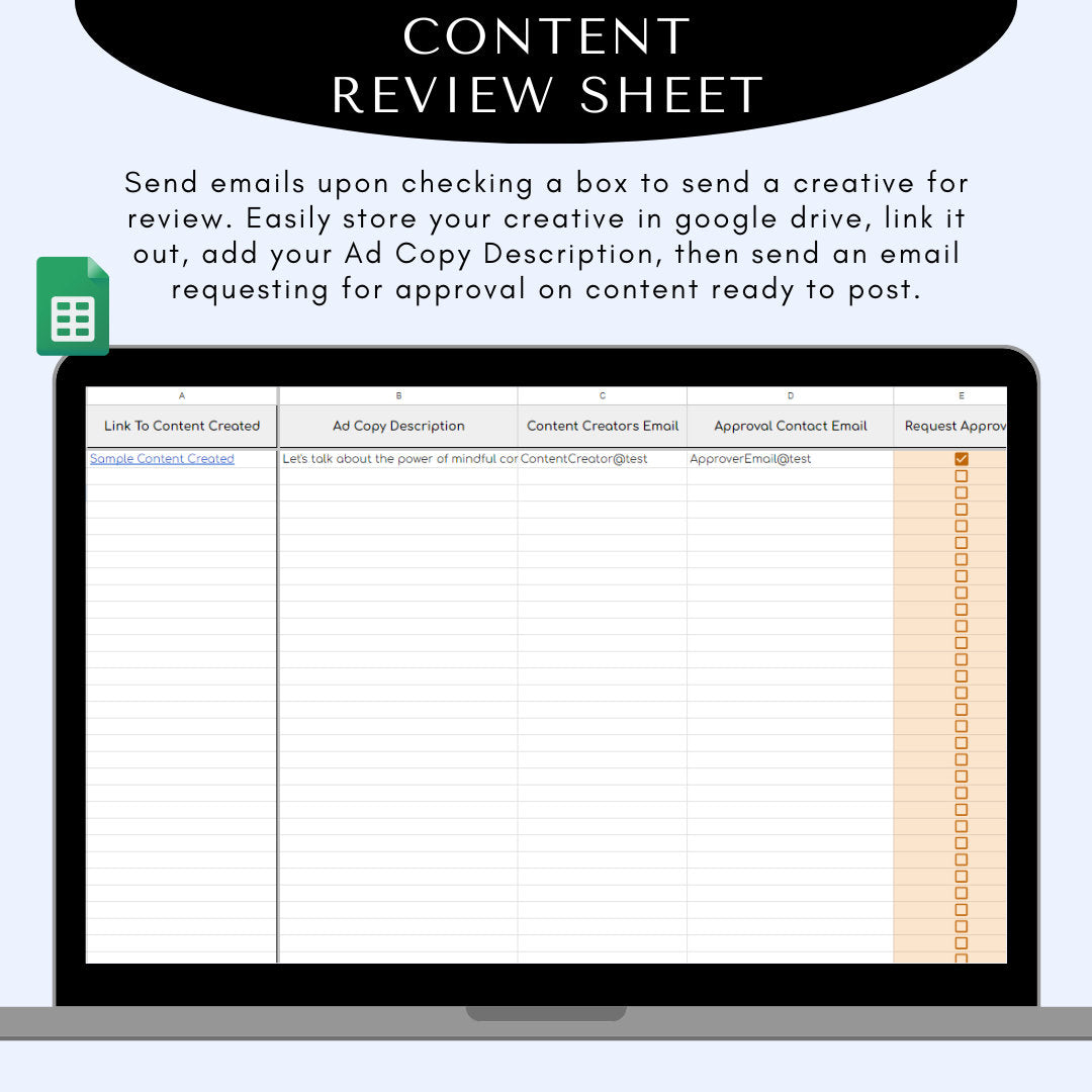 Monthly Content Calendar, Planner, Review Sheet | Request Approval On Content | Google Sheet Marketing Automation | Email Review